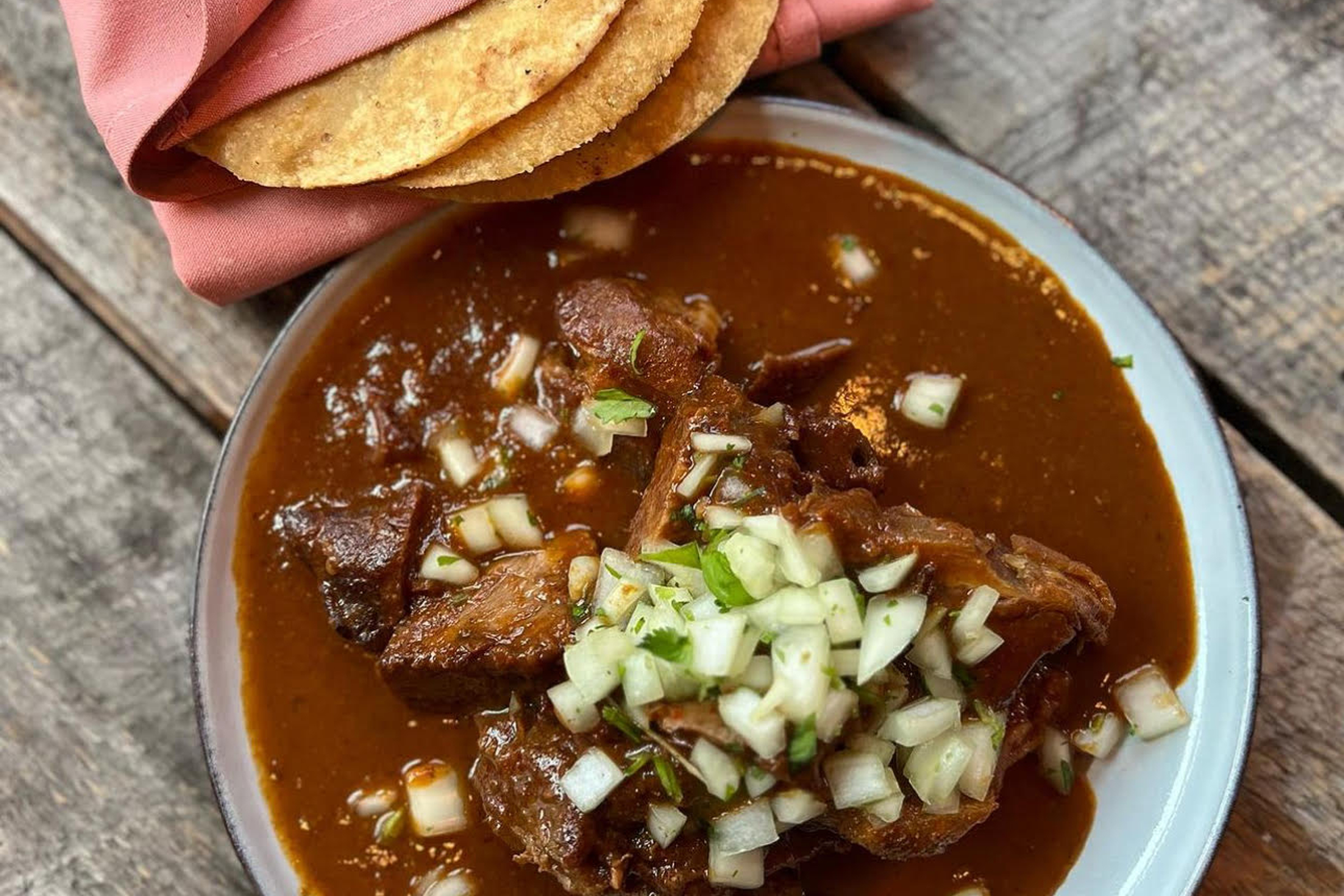 A plate of mole is served with tortillas